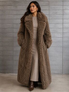 Mocha Luxe Long Faux-Fur Coat